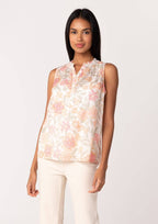 Sheer Floral Button Front Ruffle Neck Tank Top: Natural/Coral