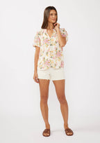 Floral Puff Sleeve Button-Down Top: Natural/Dusty Pink