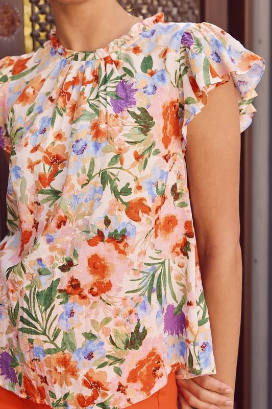 Flutter Sleeve Floral Print Blouse - Red