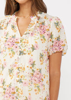 Floral Puff Sleeve Button-Down Top: Natural/Dusty Pink
