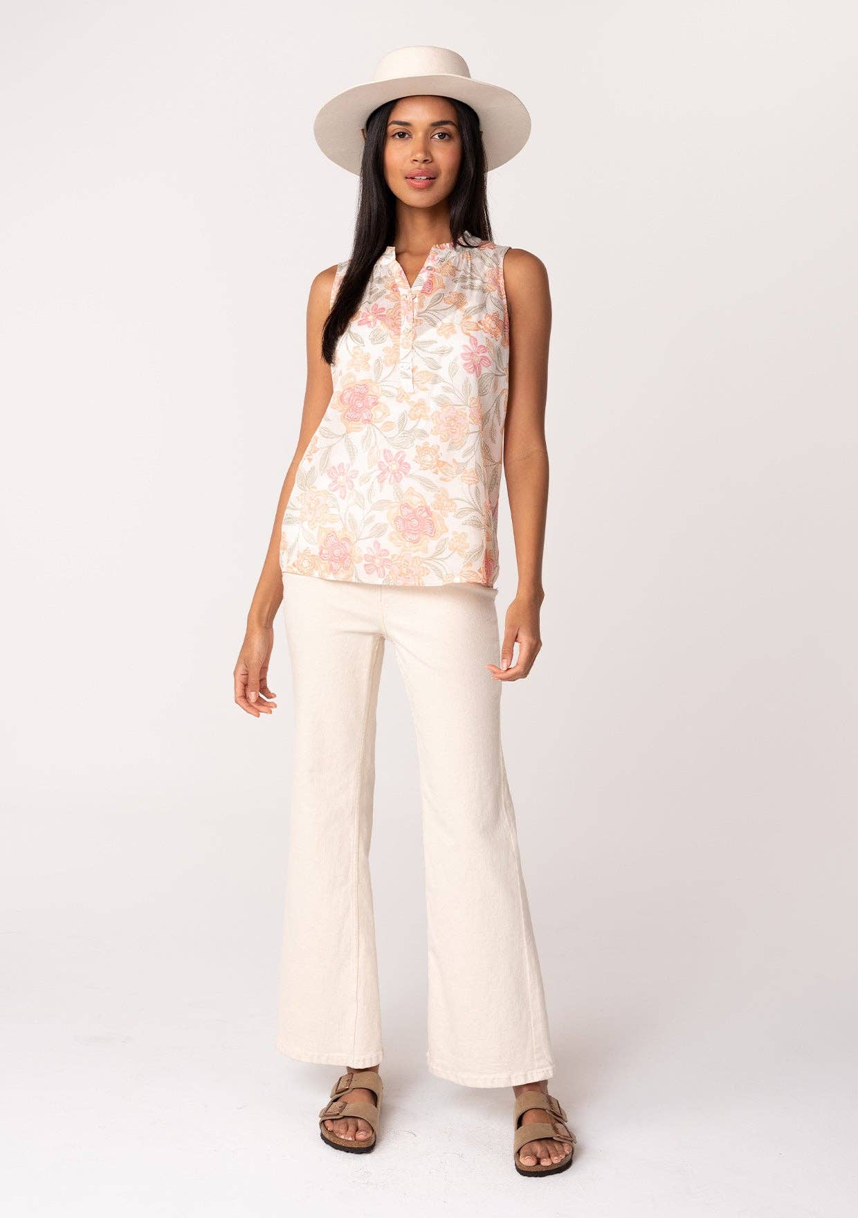 Sheer Floral Button Front Ruffle Neck Tank Top: Natural/Coral