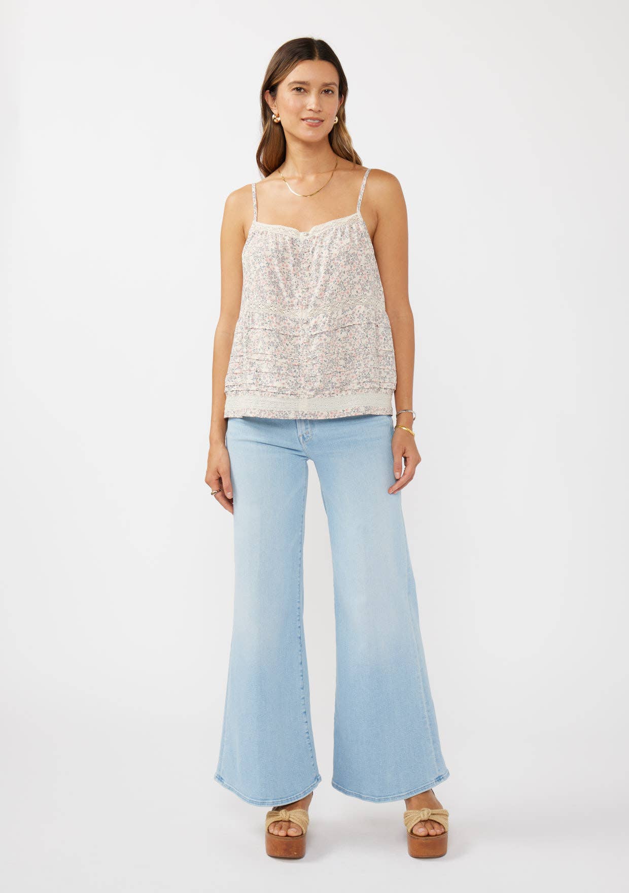 Lace-Trimmed Button Down Floral Spaghetti Tank : Natural/Pink