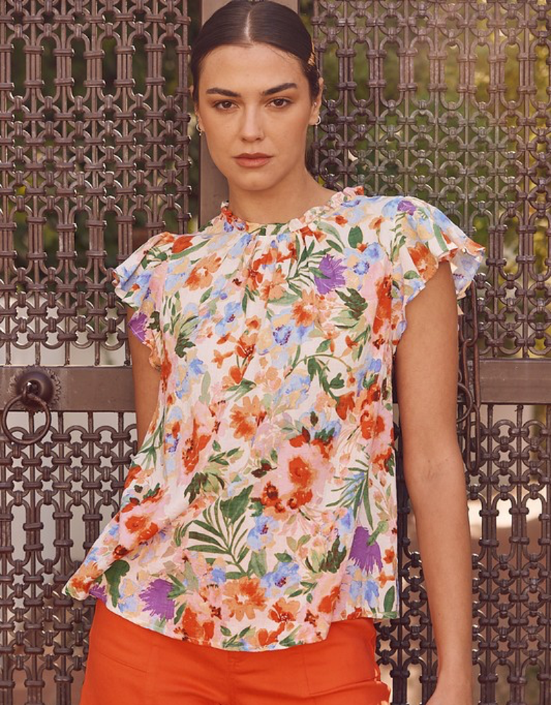 Flutter Sleeve Floral Print Blouse - Red