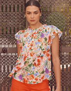 Flutter Sleeve Floral Print Blouse - Red