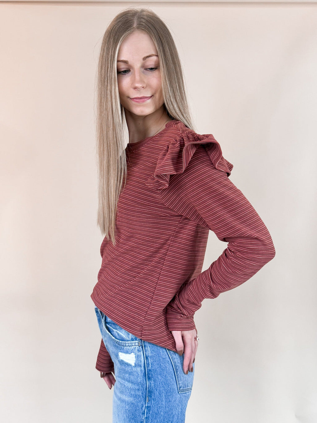 Soft Touch Striped Ruffle Shoulder Top - Brick Red