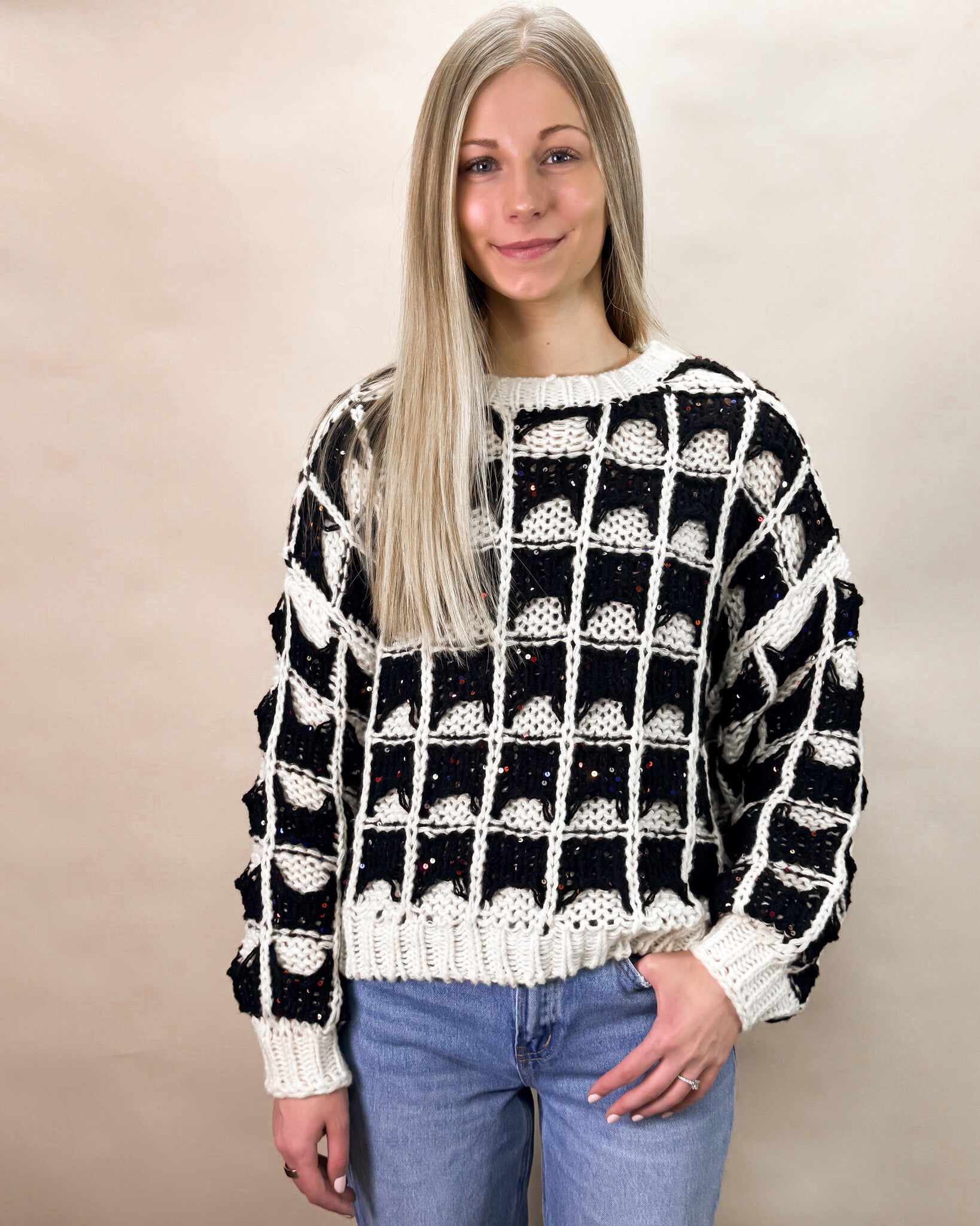 Contrast Color Square Knitted Sweater - Black/Ivory