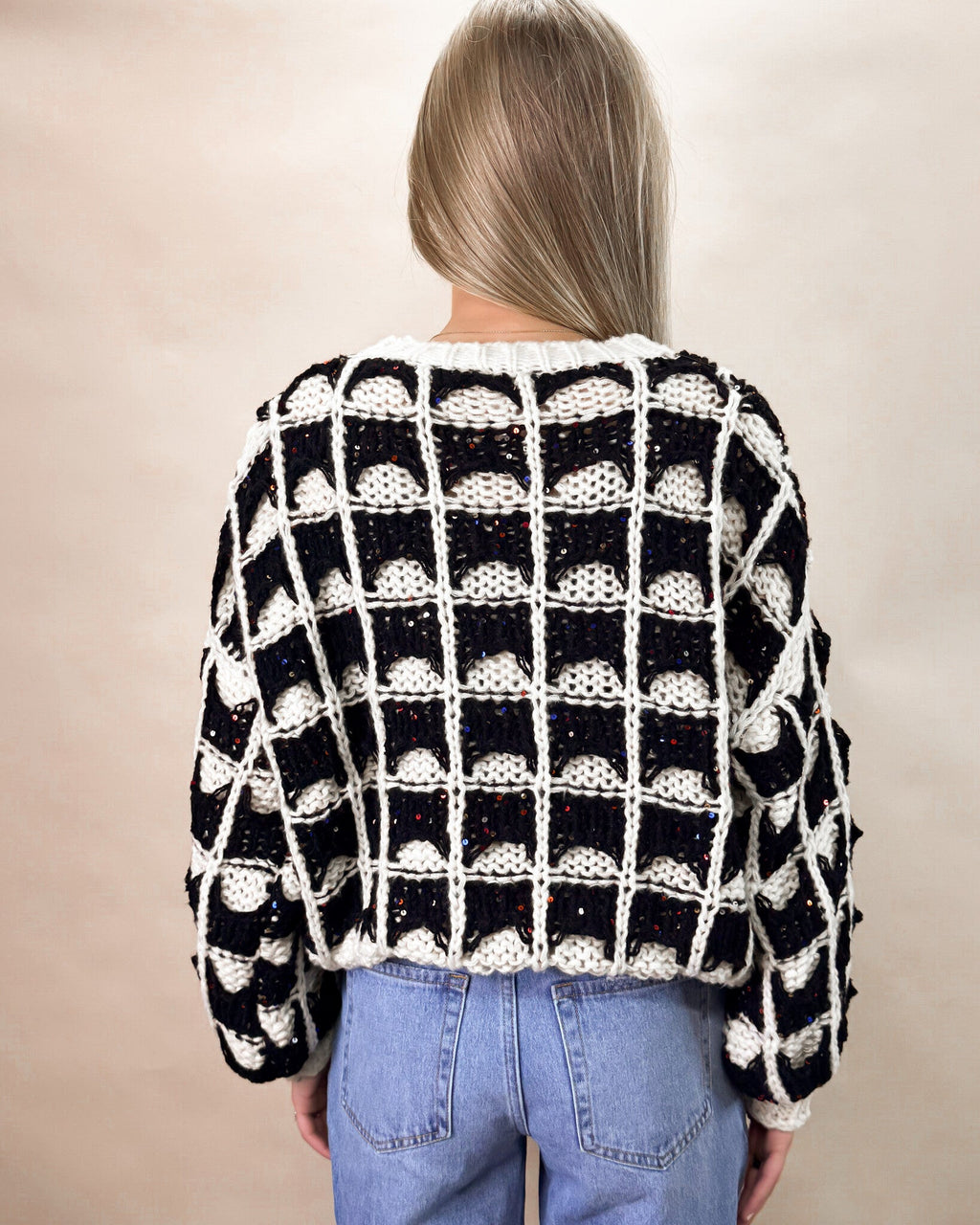 Contrast Color Square Knitted Sweater - Black/Ivory
