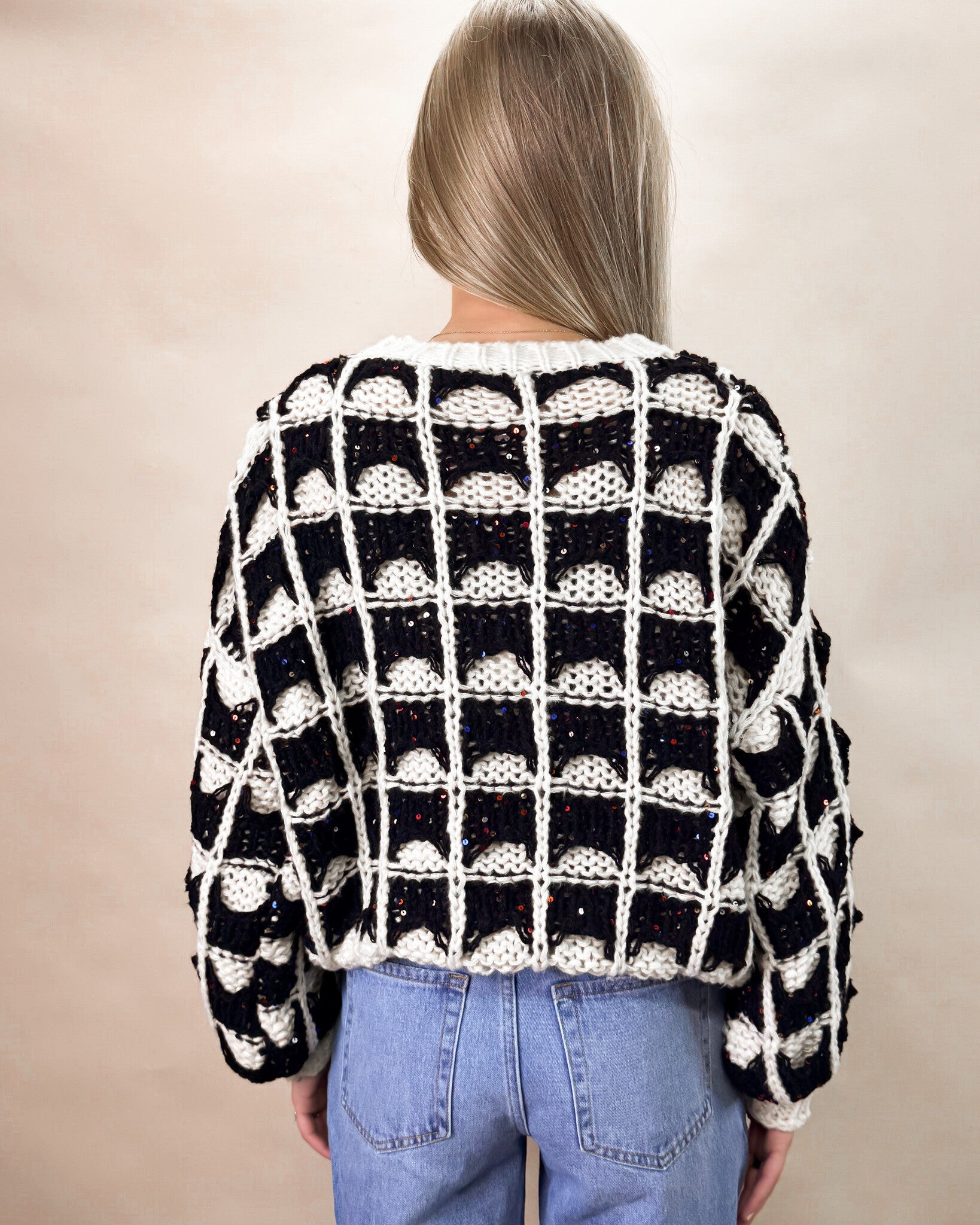 Contrast Color Square Knitted Sweater - Black/Ivory