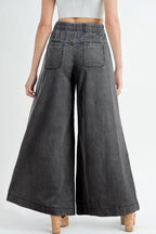 Women's Carbon Grey Mineral Wash Button Fly Waist Wide Leg Jeans