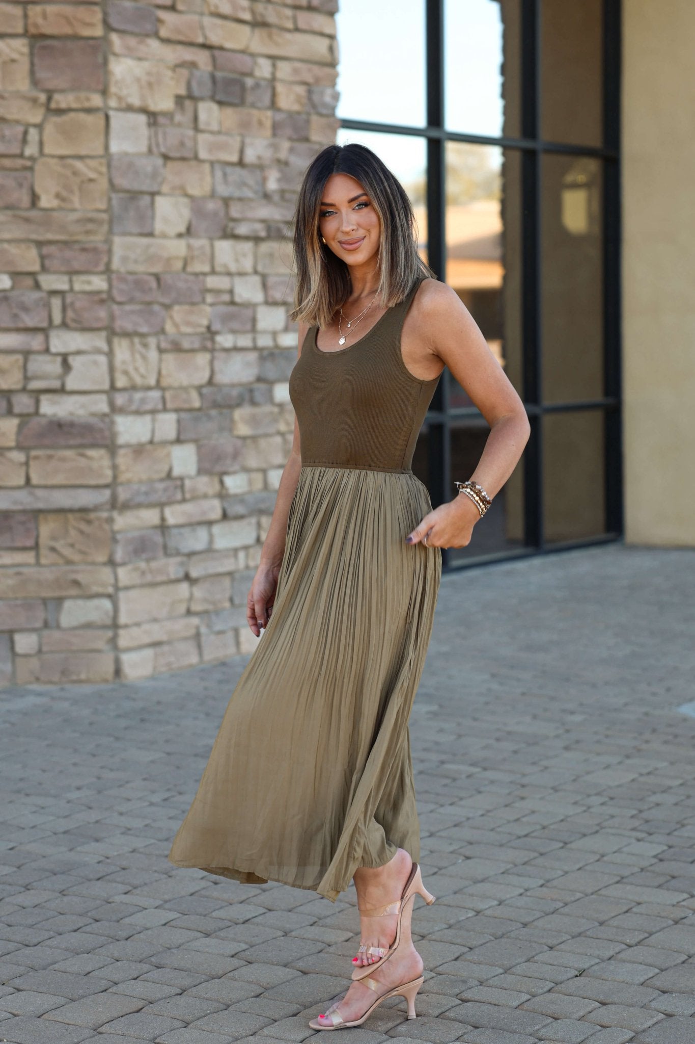 Olive Scoop Neck Pleated Tank Midi Dress