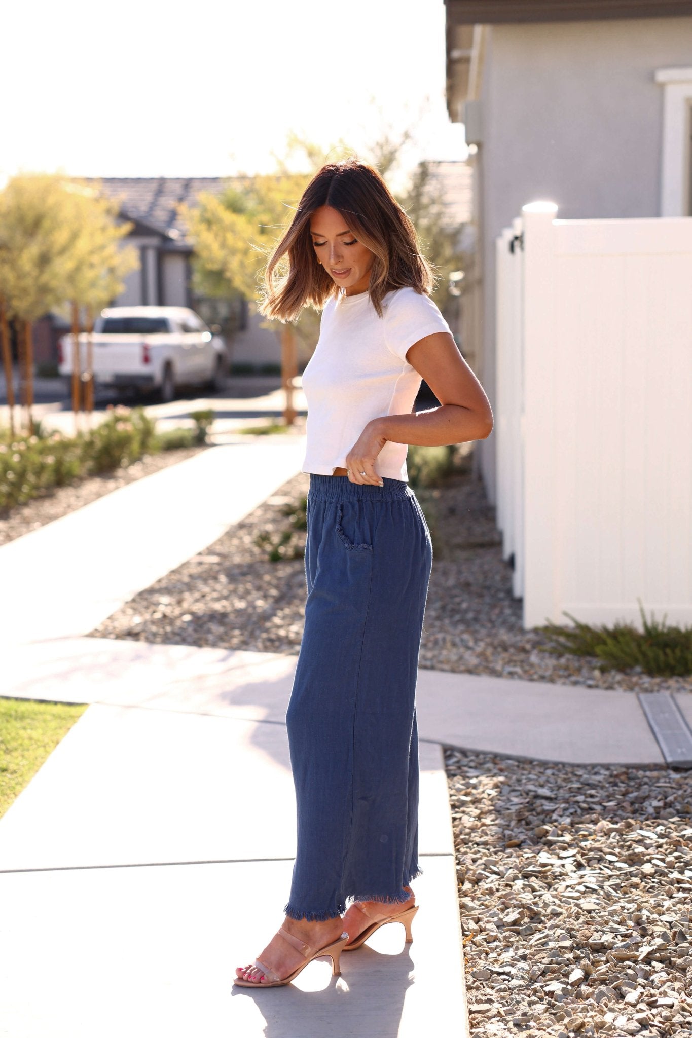 Slate Blue Frayed Linen Wide Leg Pants - FINAL SALE