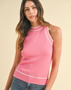 Striped Rib Halter Neck Sweater Top - Hot Pink