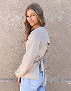 Long Sleeve Ribbed Open Back Sweater - Beige