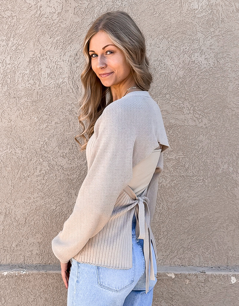 Long Sleeve Ribbed Open Back Sweater - Beige