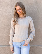 Long Sleeve Ribbed Open Back Sweater - Beige