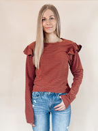 Soft Touch Striped Ruffle Shoulder Top - Brick Red